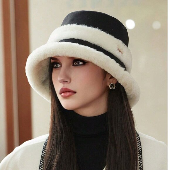 Fuzzy Faux Fur Bucket Hat Black - Picture 1 of 5